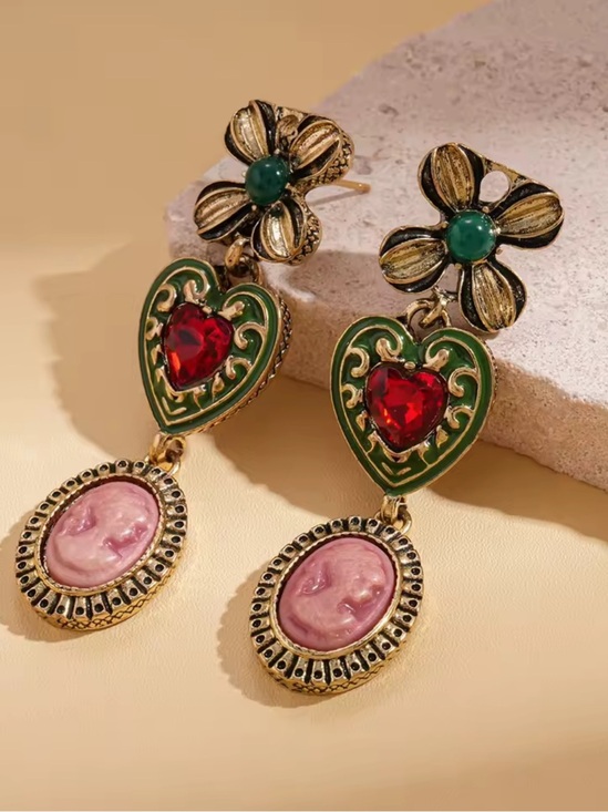 Anthropologie Jewelry - New Vintage-Inspired Green & Gold Heart Drop Earrings with Red Gem and Pink